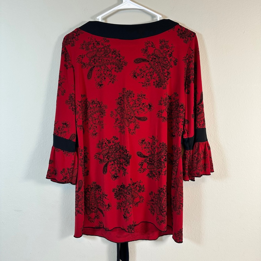 Y2K Red Black Floral‎ Top Blouse Square Neck Bell Sleeve L Witchy Romantic Goth - Picture 2 of 7